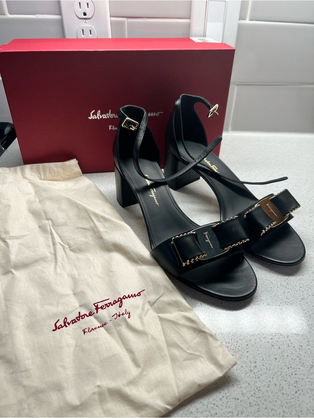 Salvatore Ferragamo Black Vara Bow Ankle-Strap Block Heels